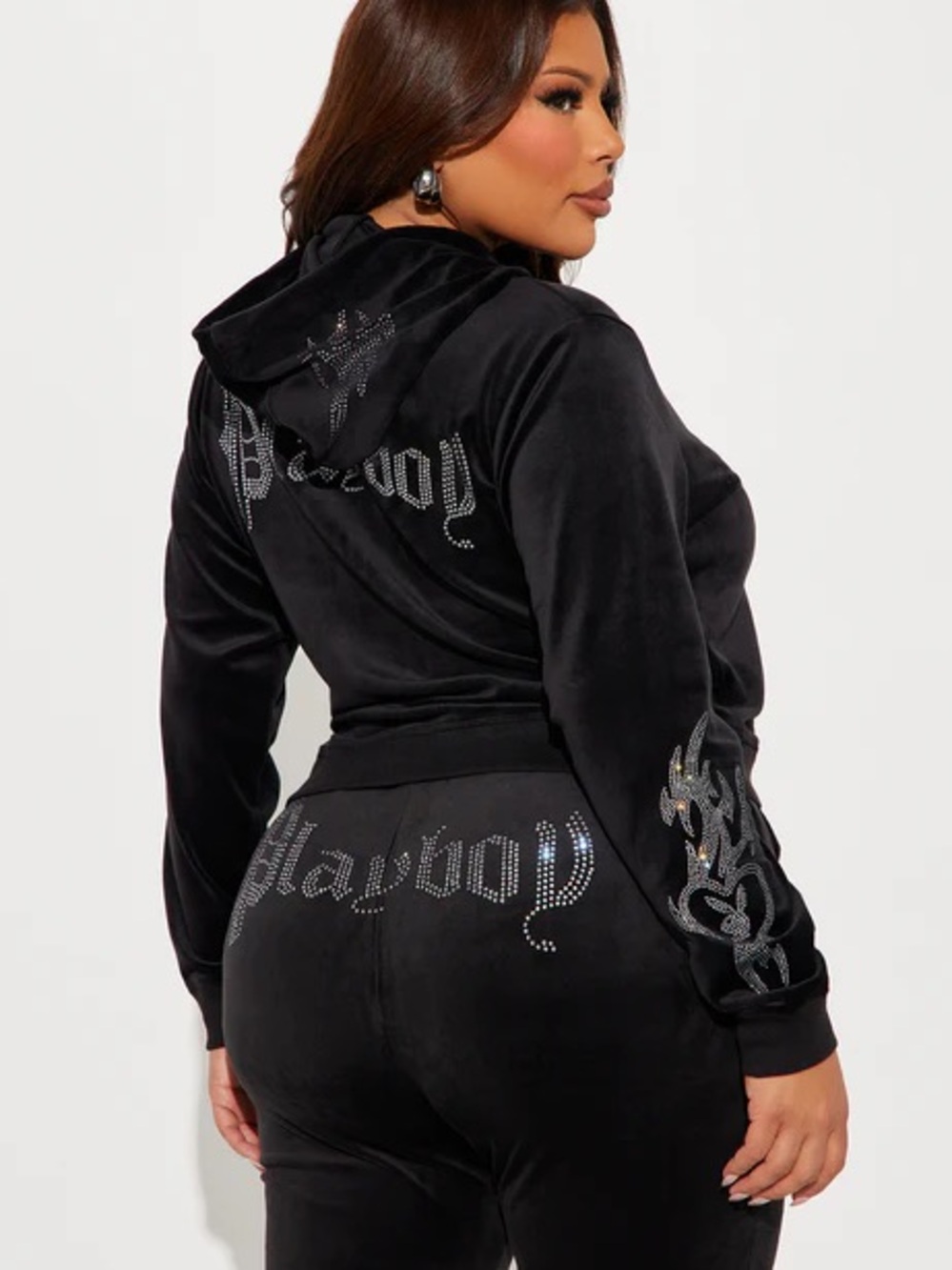 Playboy Rhinestone Black Velour Hoodie & Joggers Set